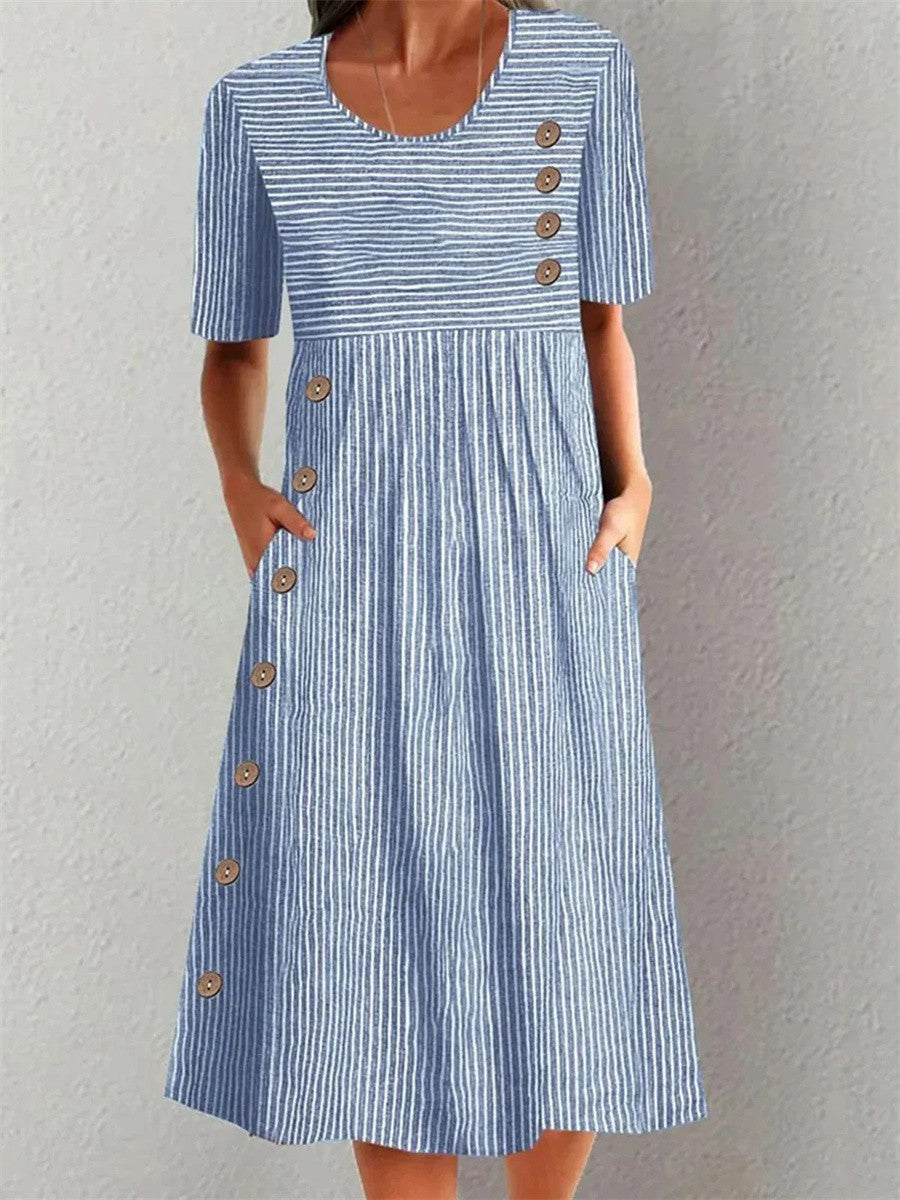 LUISA | ELEGANTNÍ MIDI ŠATY S PÁSOVÝM VZOREM, KTERÉ ZPEVNÍ BŘICHO